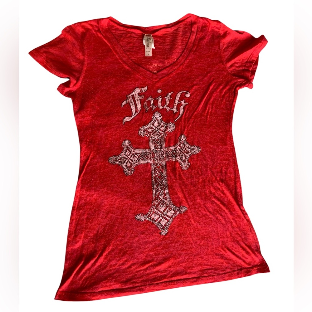 RITUAL Red Burnout Graphic FAITH Tee Cross Design Rhinestone Embellished Size L